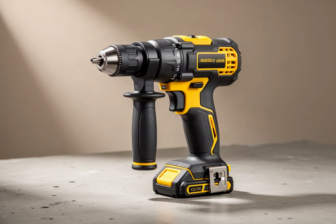 DeWalt DCD10007 cordless hammer drill on a concrete workshop surface