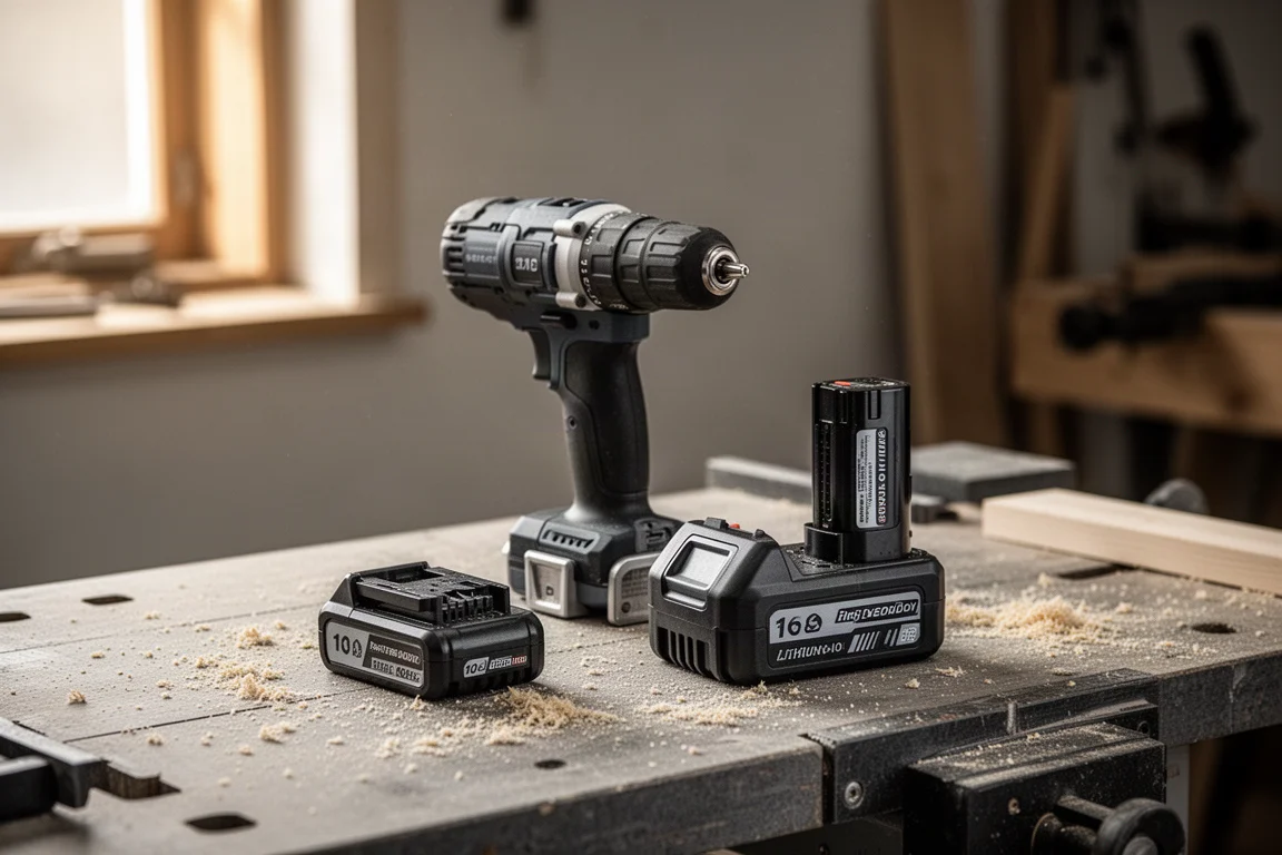 Drill a batteria appoggiato su una banco da lavoro coperto di segatura accanto a una pila di battery pack
