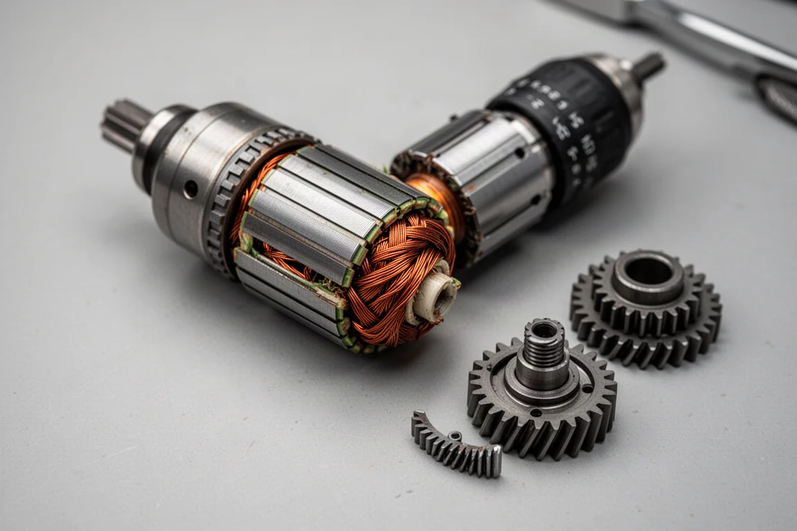 Motore brushless di un drill smontato con fitti avvolgimenti di rame disposti su un banco