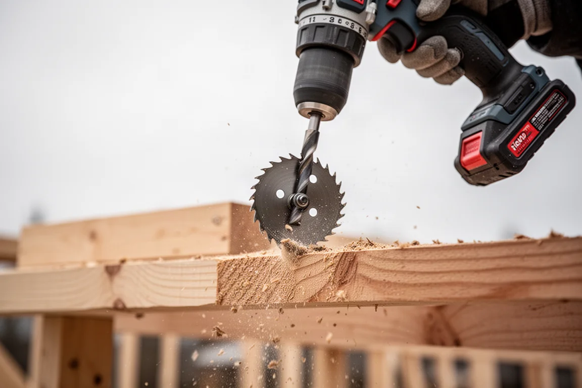 Drill che guida una grande sega circolare a tazza attraverso legname da costruzione in un cantiere