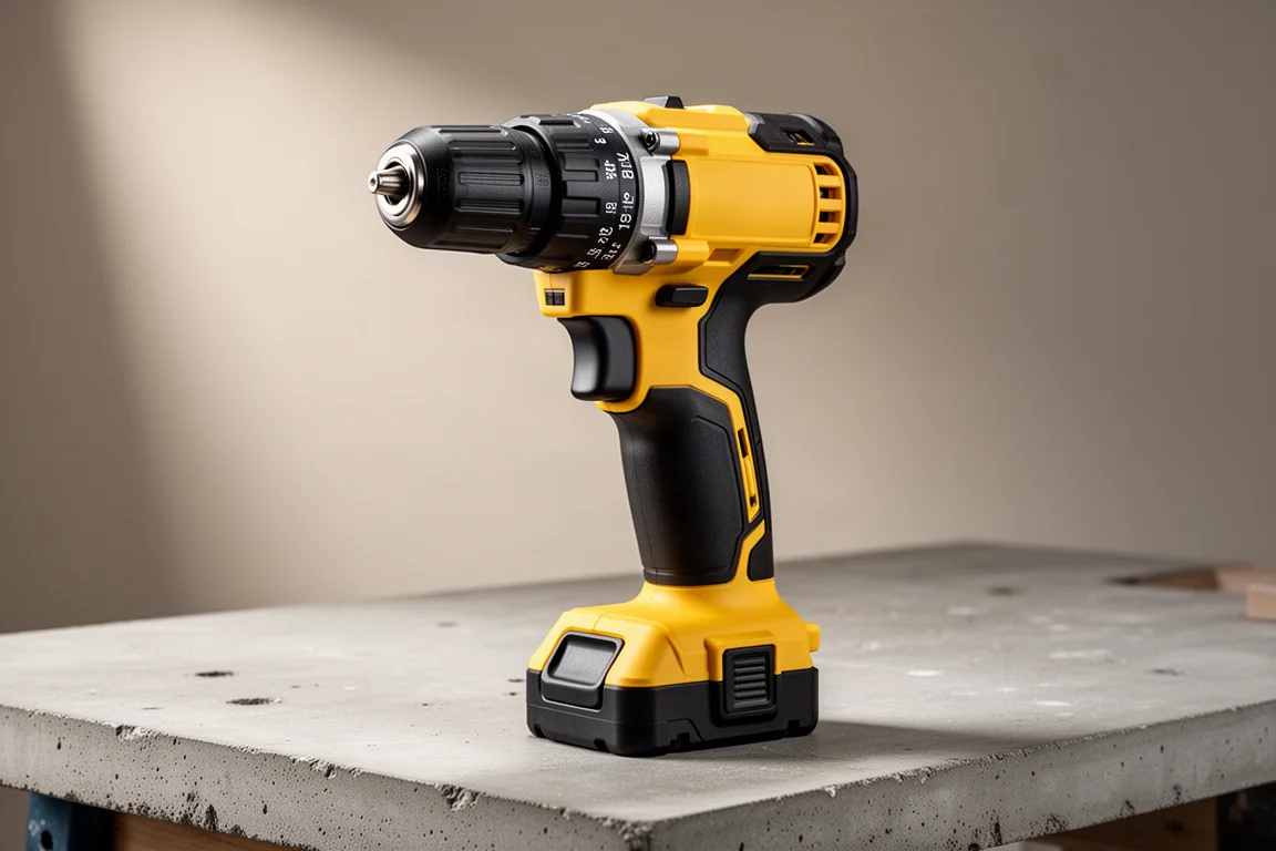 DeWalt DCD1007 flagship cordless drill standing on a concrete workbench