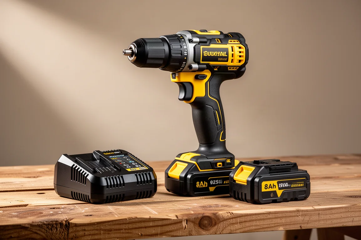Trapano a percussione DeWalt con caricabatterie e batteria da 8Ah su una bancale di legno