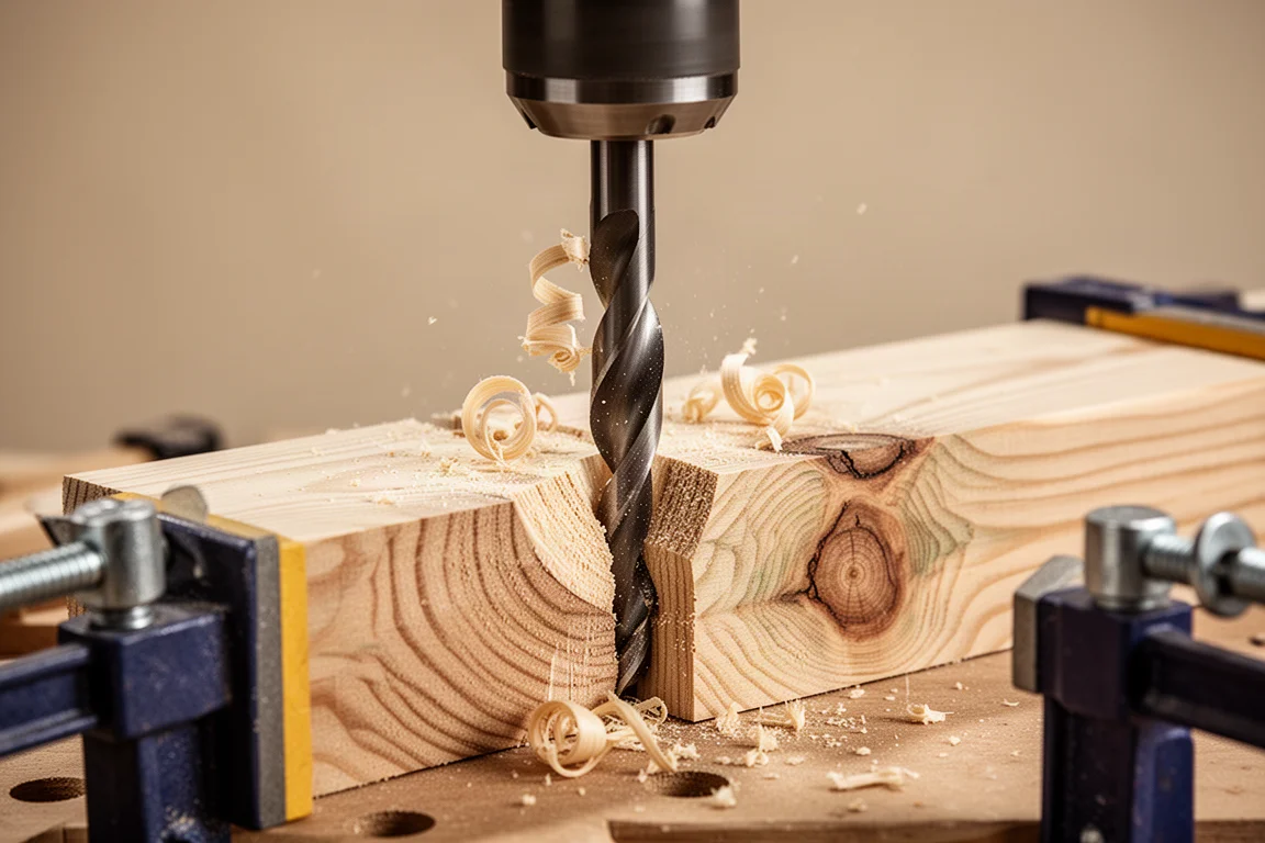 Large self-feed bit boring deep into stacked construction lumber
