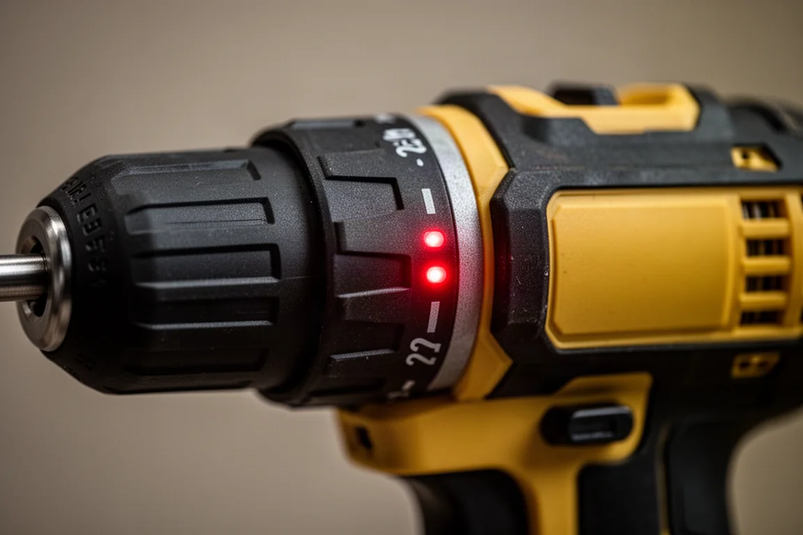 Close-up of red indicator lights on a drill body signalling the anti-rotation safety shutdown