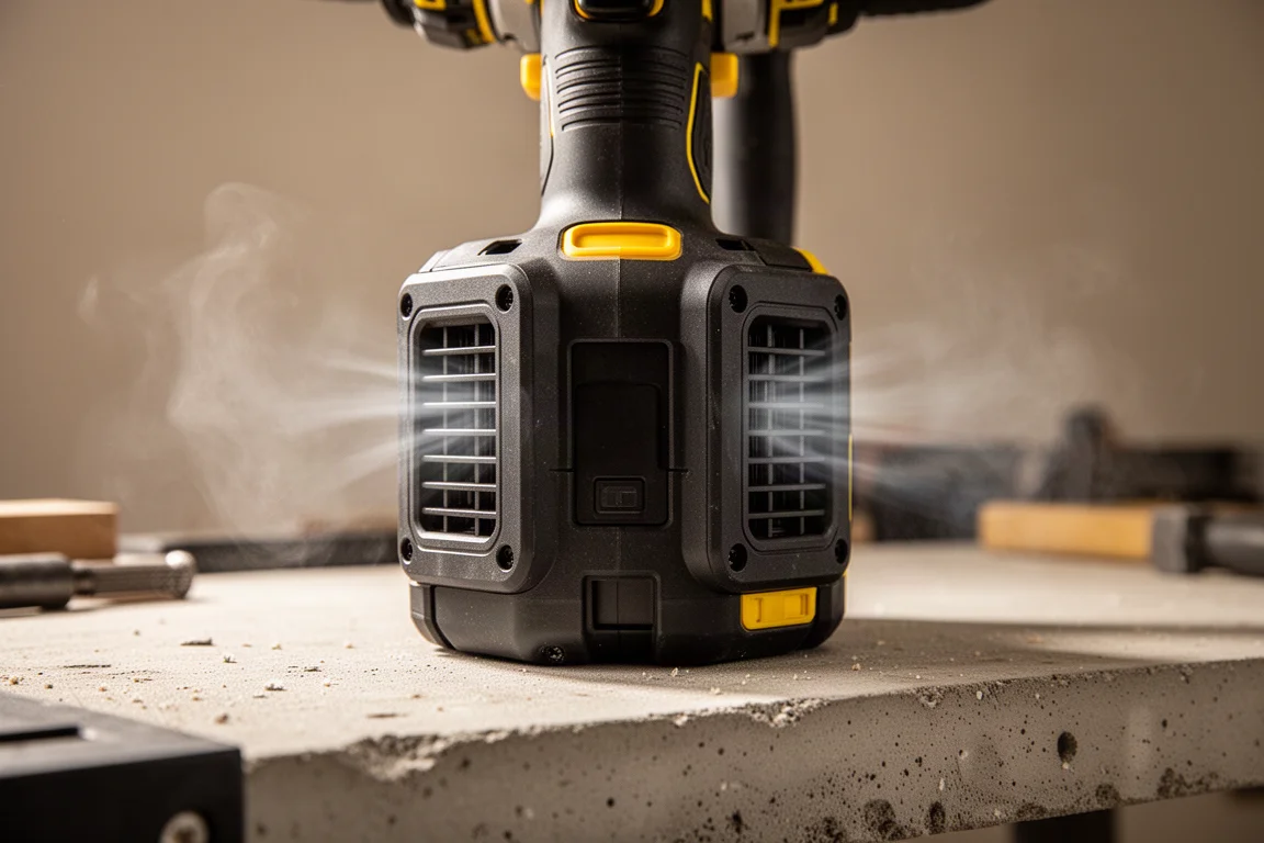 Air flowing through enlarged cooling vents on the rear of a hammer drill body