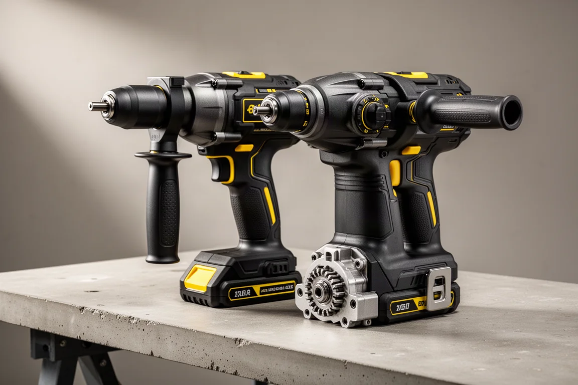 DeWalt DCD1007 und DCD999 Bohrhämmer nebeneinander auf einer Betonwerkbank