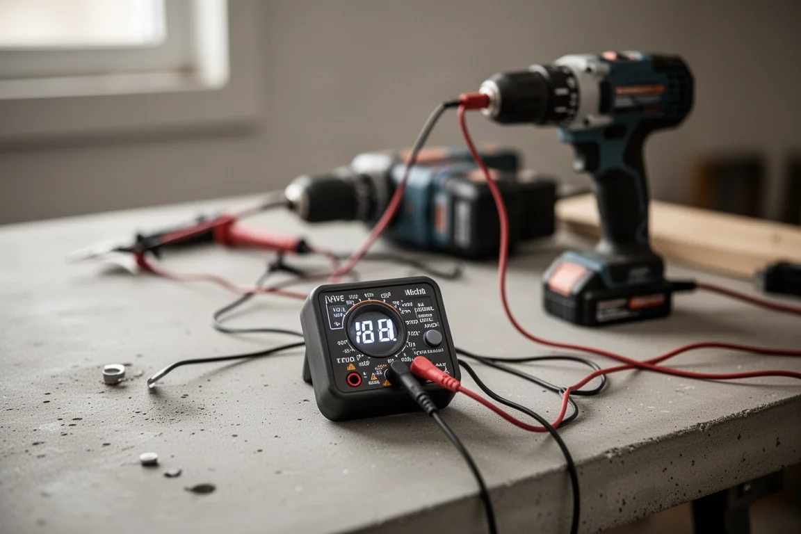Voltmeter display showing voltage sag during a drilling test on a workbench