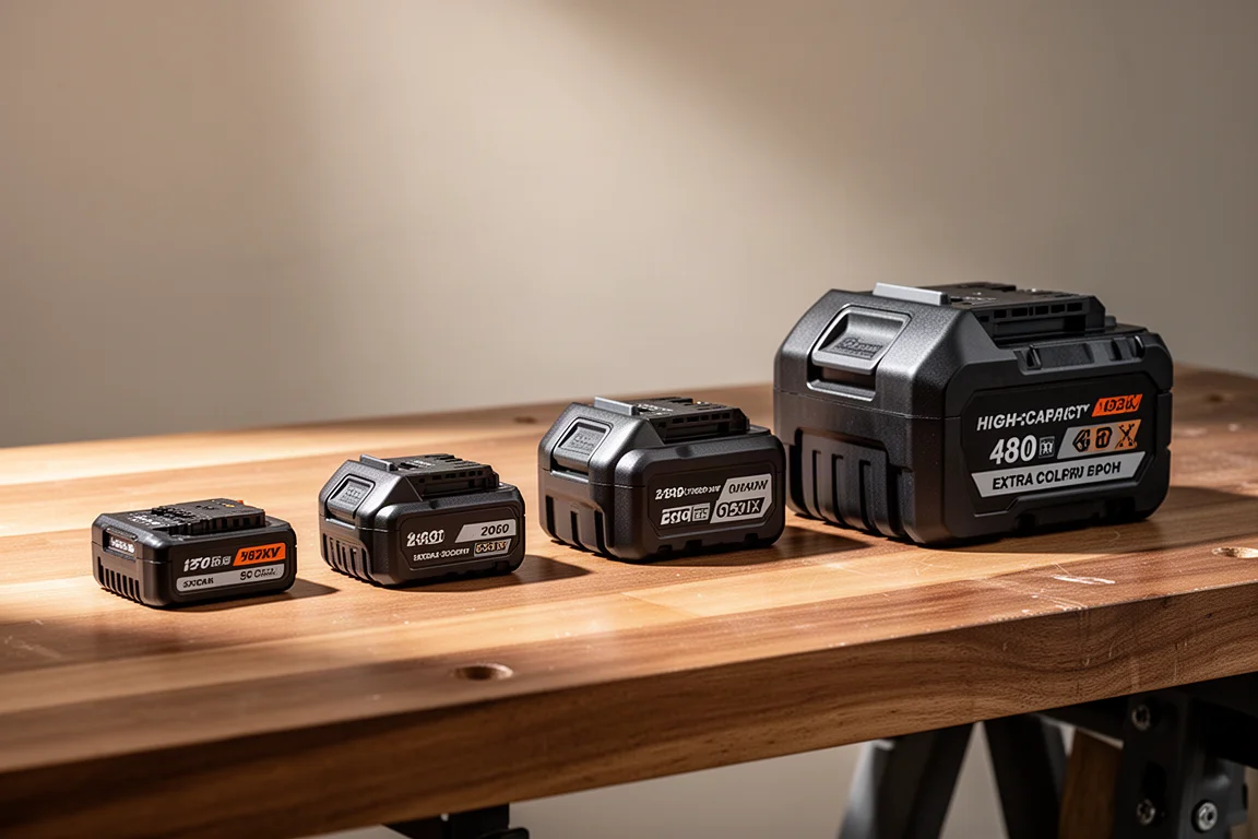 Stacked cordless power tool batteries arranged by size on a workshop bench