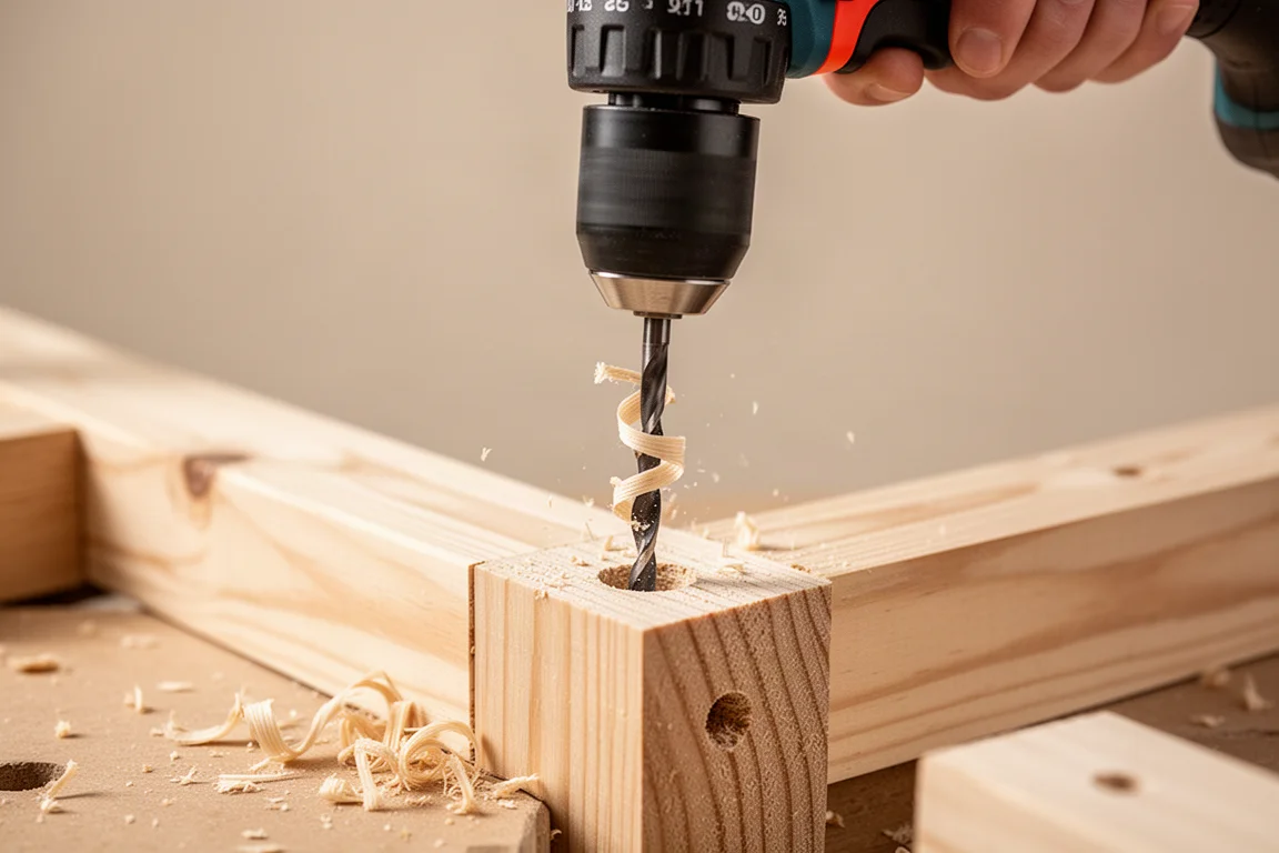 Right-angle drill boring a clean hole through a wooden stud in a framing scene
