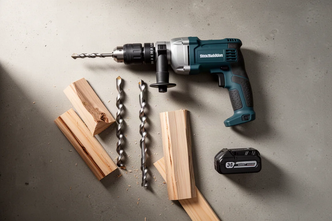 Workbench scene with right-angle drill and auger bit ready for stud and joist work