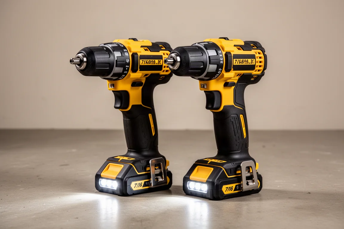 Two DeWalt 20V right-angle stud and joist drills side by side on concrete