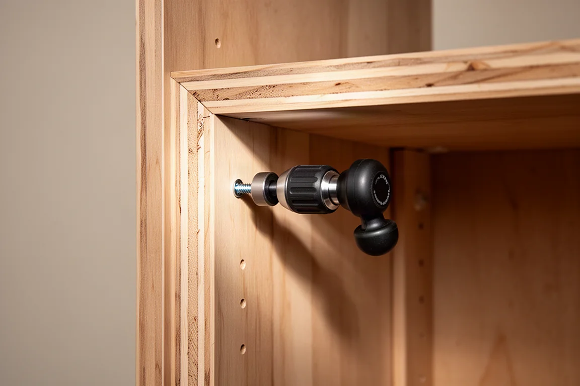 Versatz-Aufsatz treibt eine Schraube bündig in einer Schrank-Ecke