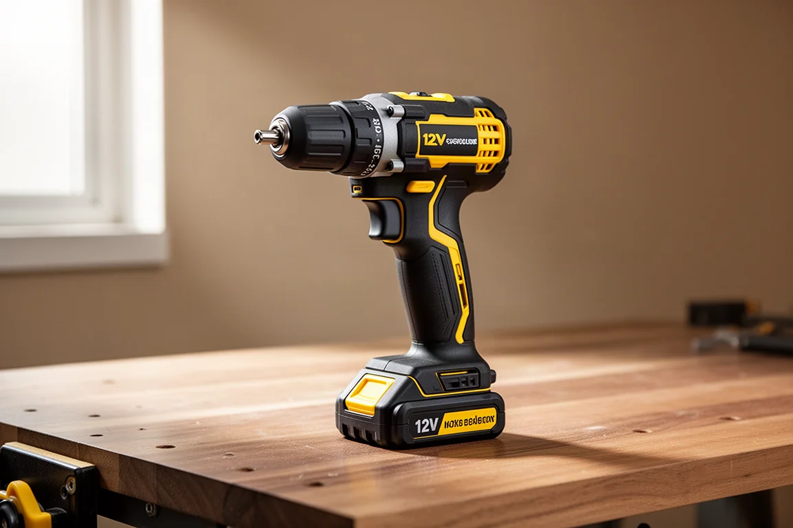Avvitatore per installazioni 12V compatto con testina offset su una panca di lavoro in legno