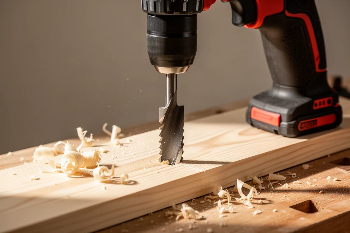 Taladro perforando una tabla de madera con una broca pala ancha, con virutas de madera visibles
