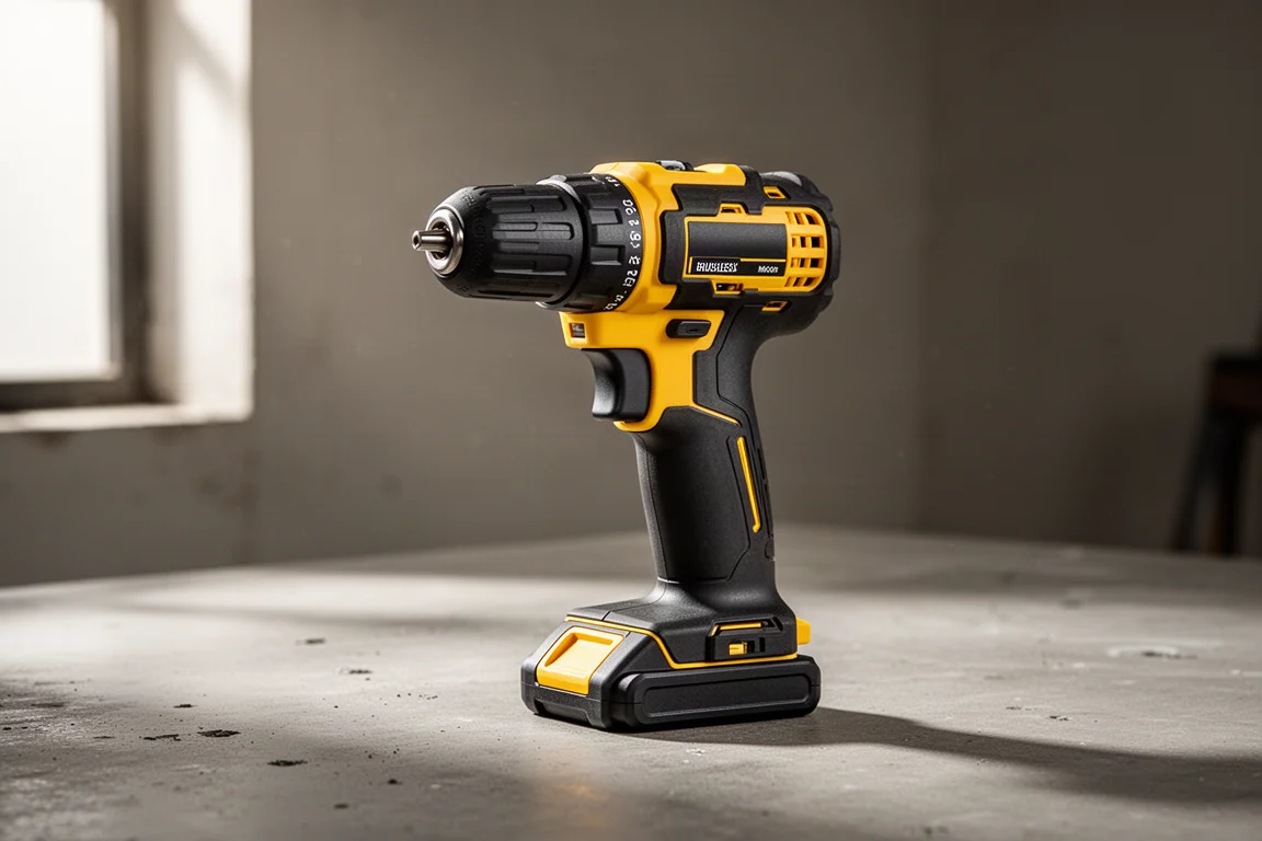 Compact DeWalt Atomic 20V cordless drill on a concrete workshop surface