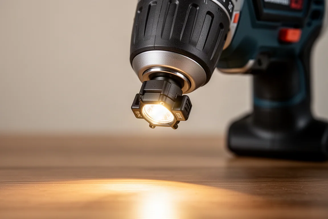 Primo piano della luce LED a tre posizioni regolabile su un trapano senza filo