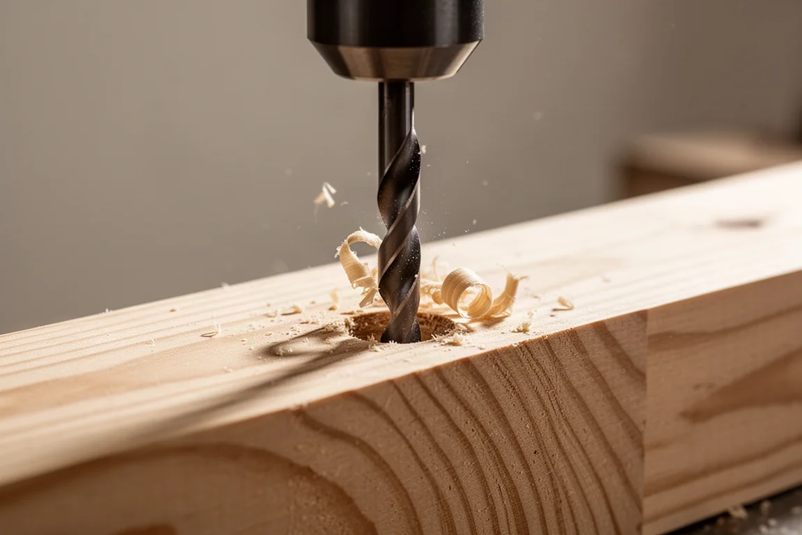Punta da trapano che fora una tavola di legno, trucioli visibili