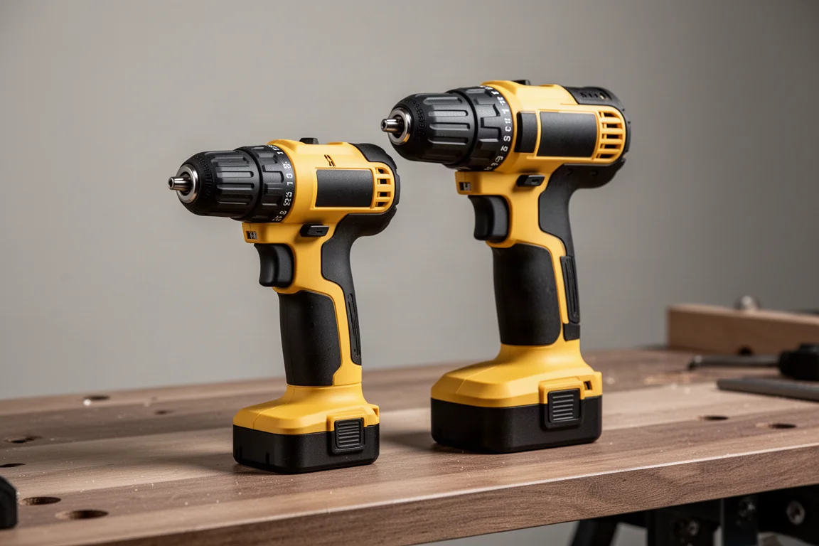 Two DeWalt compact 20V cordless drills side by side on a wooden workbench