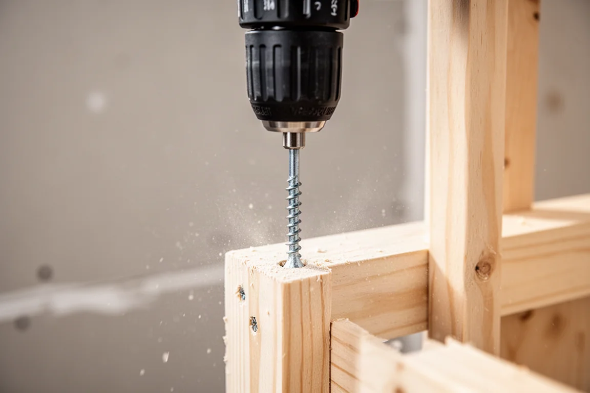 Gros plan sur le mandrin d'une perceuse enfonçant une longue vis pour plaques de plâtre dans une ossature en bois