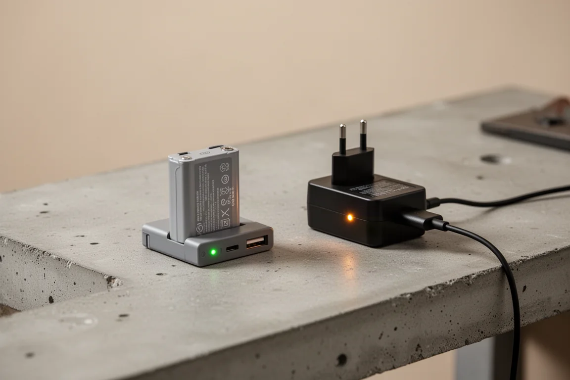 Batterie compacte au lithium et chargeur disposés sur un établi