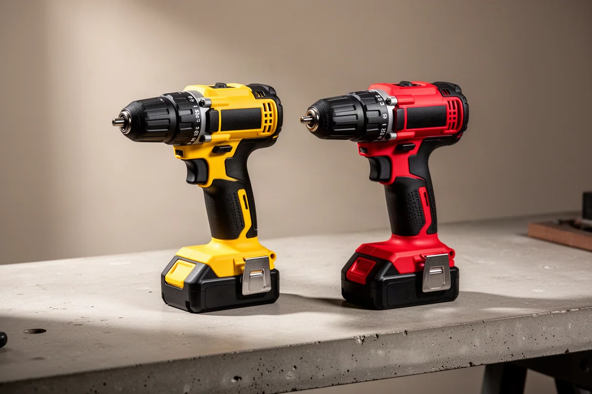 Yellow and red compact cordless drill drivers side by side on a workbench