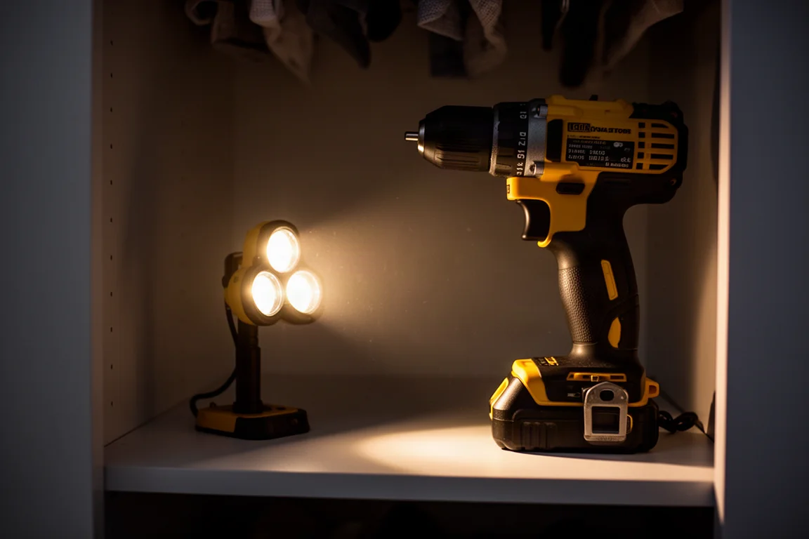 電鑽底座上的可調式 LED 工作燈在昏暗空間投射出明亮光束
