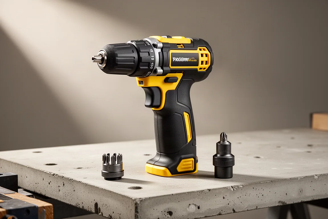 Compact cordless multi-head drill driver on a concrete workbench