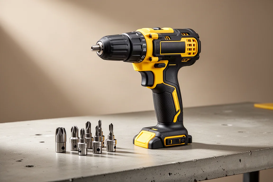 Cordless drill with detachable chuck and machined steel attachments on a workbench