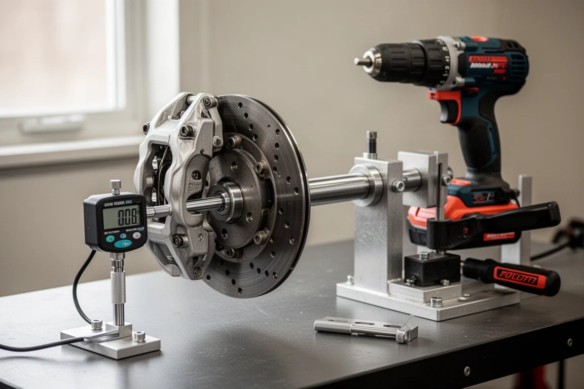 Custom brake dyno rig with drill mounted and force gauge attached