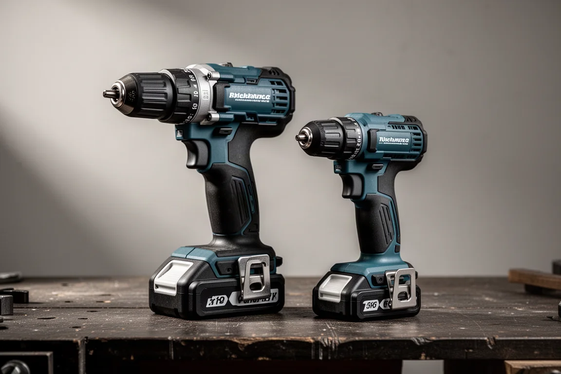 Two cordless hammer drills side by side on a workshop bench