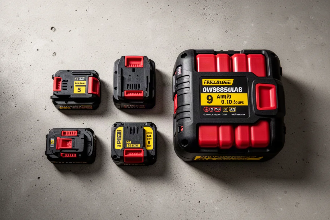 Close-up of lithium-ion power tool batteries of different capacities