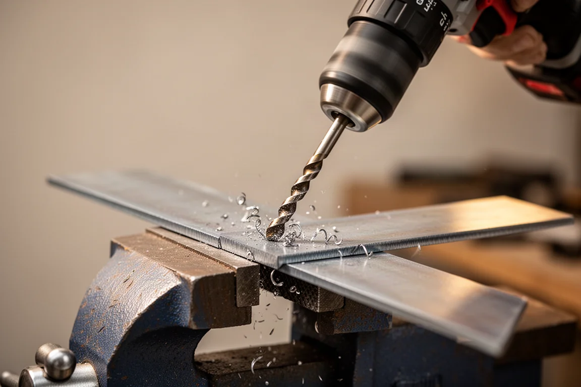 Drill boring into a steel plate with metal shavings on a workbench