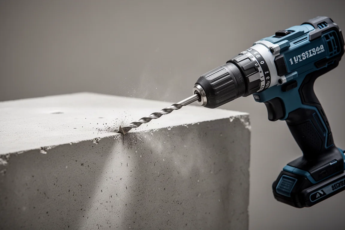Bohrhammer mit Betonbohrer an einem Betonblock angesetzt