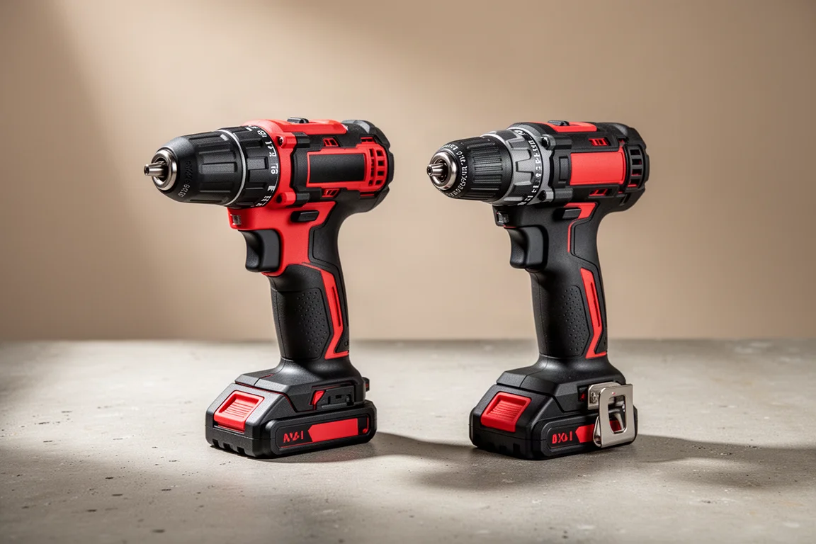 Two cordless hammer drills side by side on a concrete workshop surface