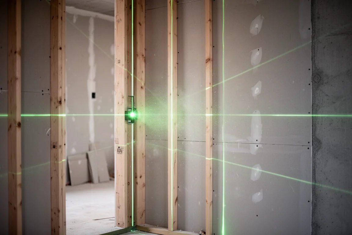 Lignes laser vertes projetées sur un mur à ossature bois sur un chantier de construction