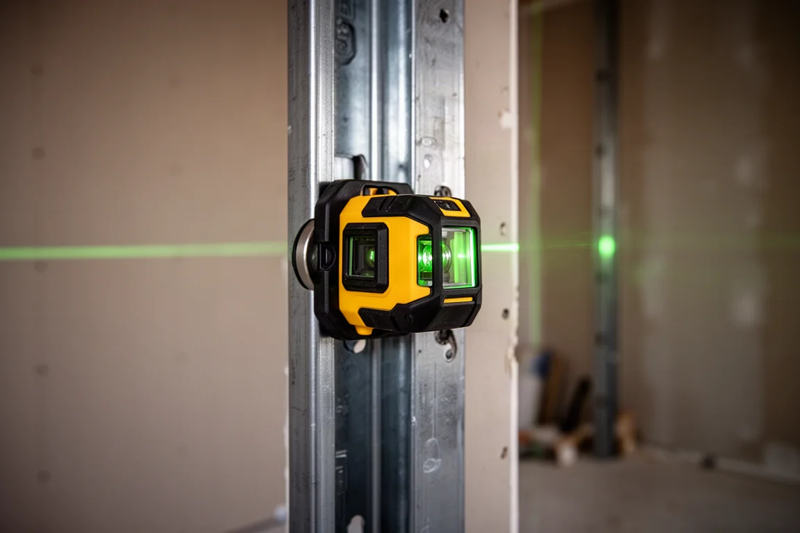Niveau laser fixé magnétiquement à un montant métallique sur un chantier