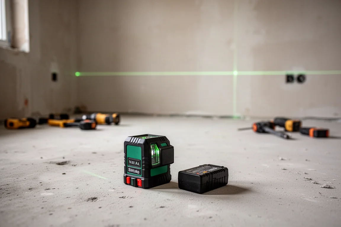Niveau laser et batterie posés sur un sol en béton au milieu d'un chantier