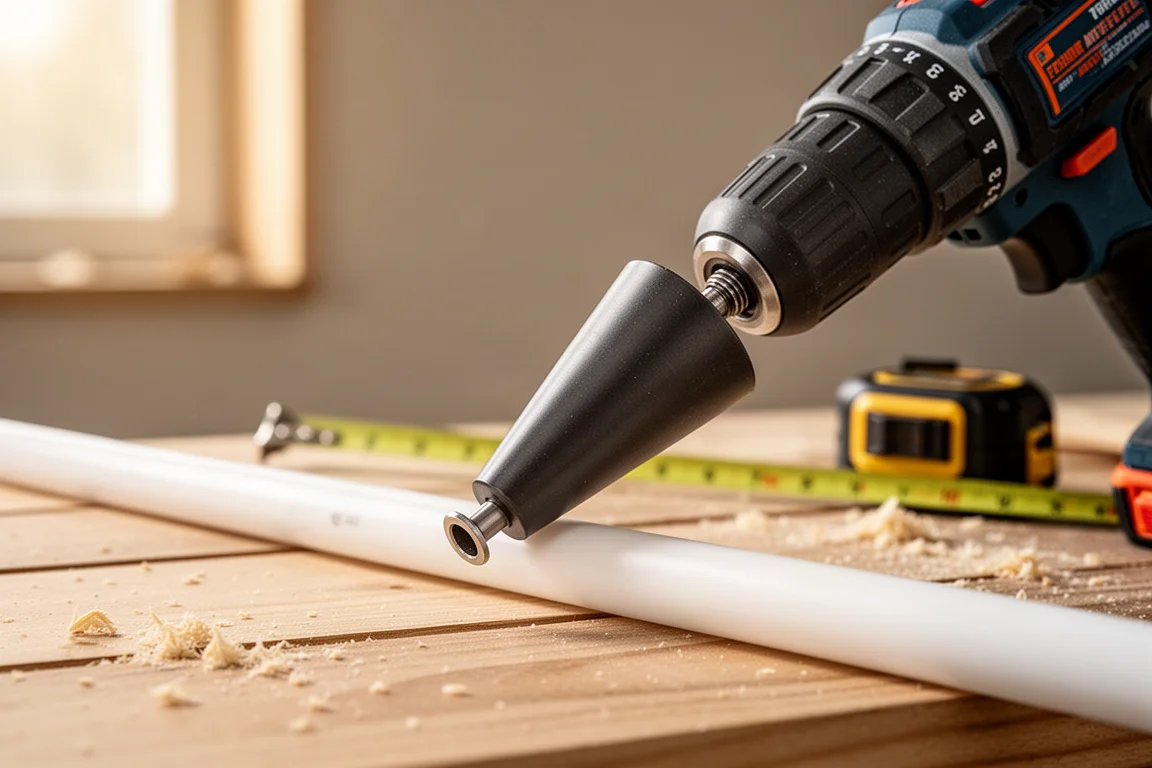 Close de uma cabeça de expansor de PEX encaixada em um trecho de tubo de PEX