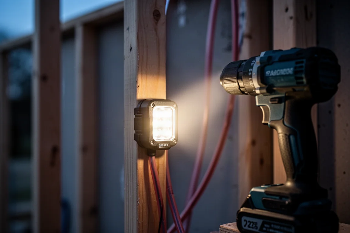 Luz de trabalho da ferramenta projetando um feixe em uma parede escura de oficina