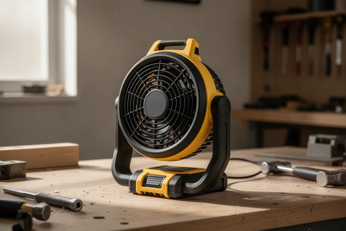Ventilador de obra compacto a batería sobre un banco de trabajo en un taller