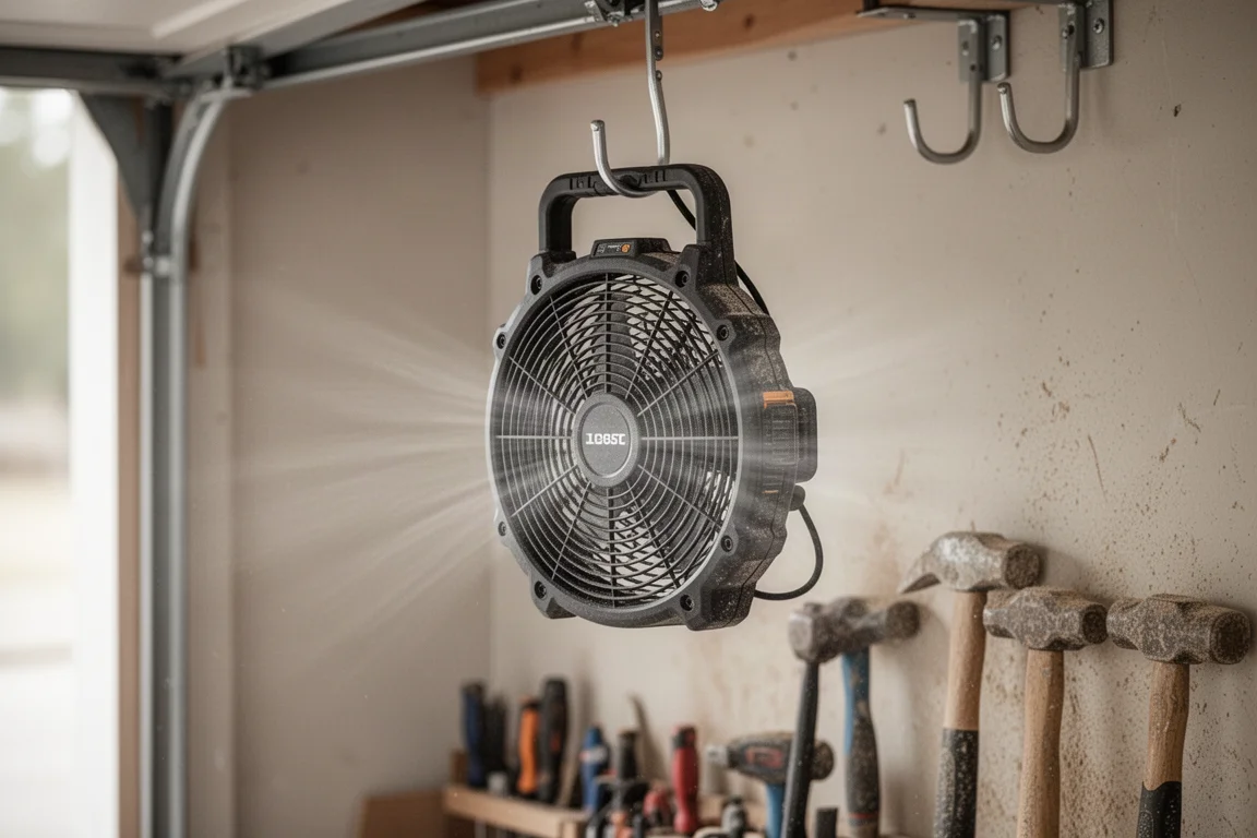 Ventilador de obra colgado de ganchos en un espacio de taller abierto