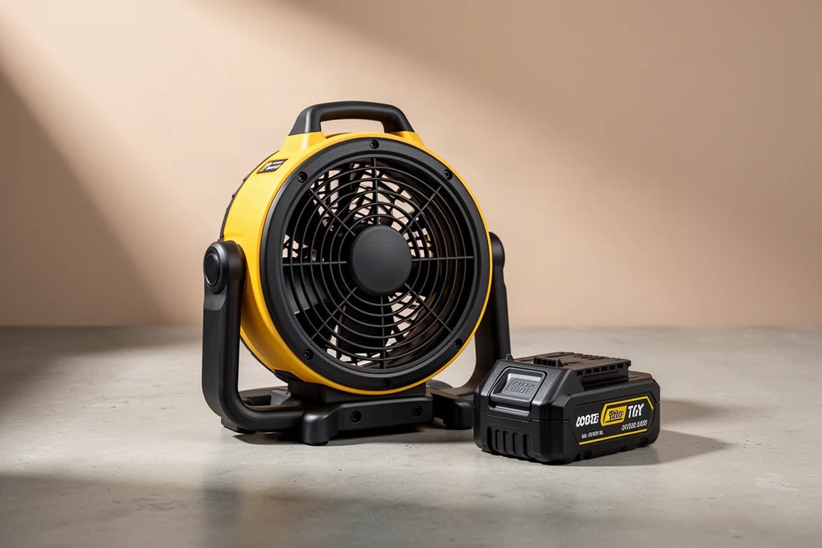 DeWalt DCE512B 20V cordless job site fan on a matte concrete surface