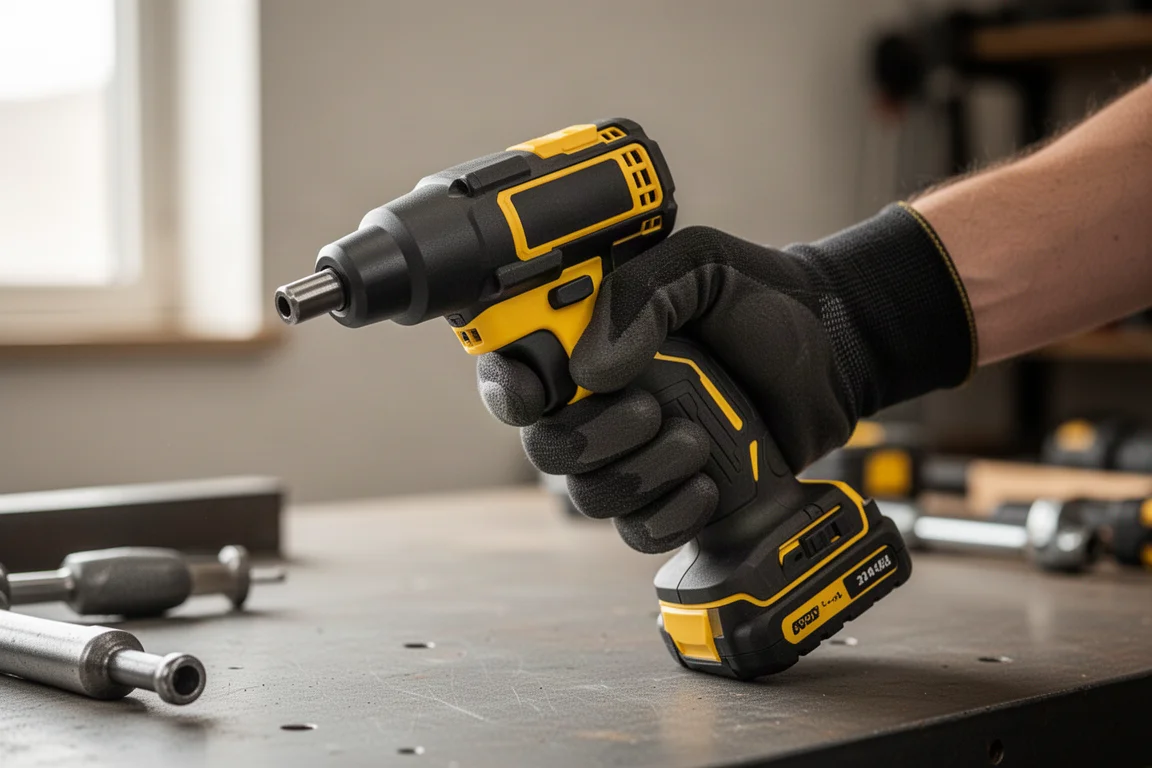 Close-up of a cordless rivet tool grip held in a work glove