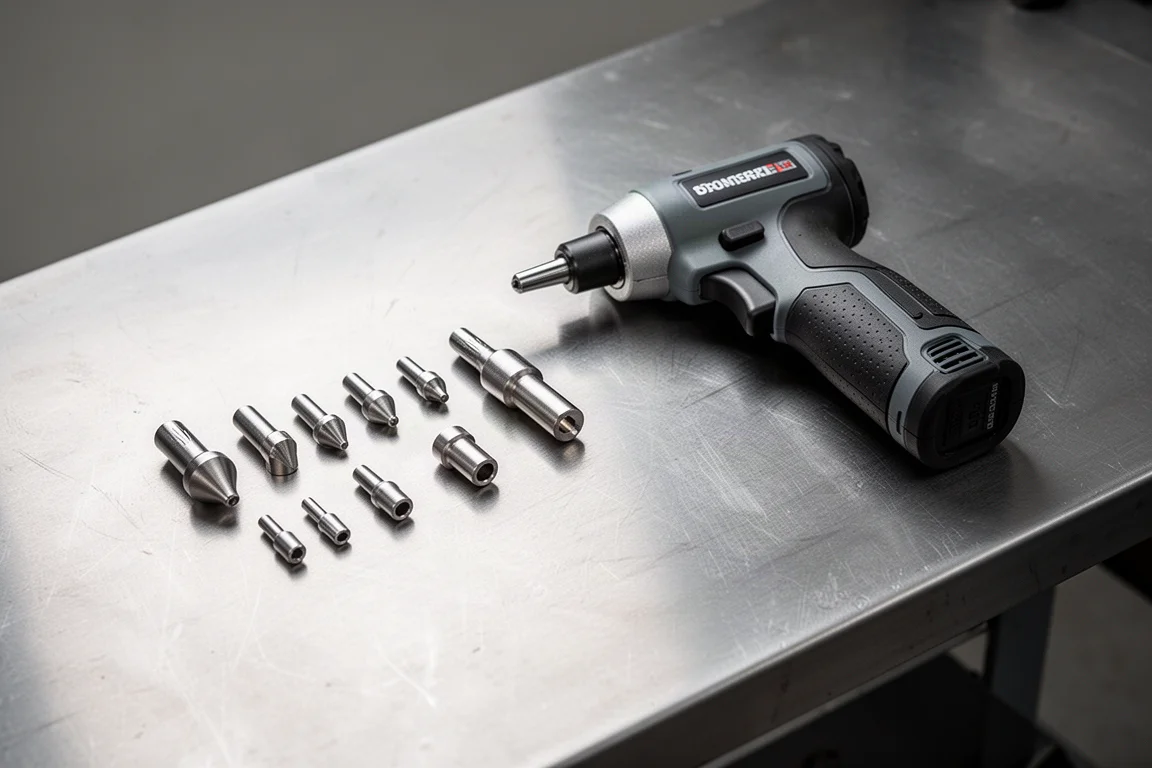 Rivet tool nose pieces laid out on a workbench