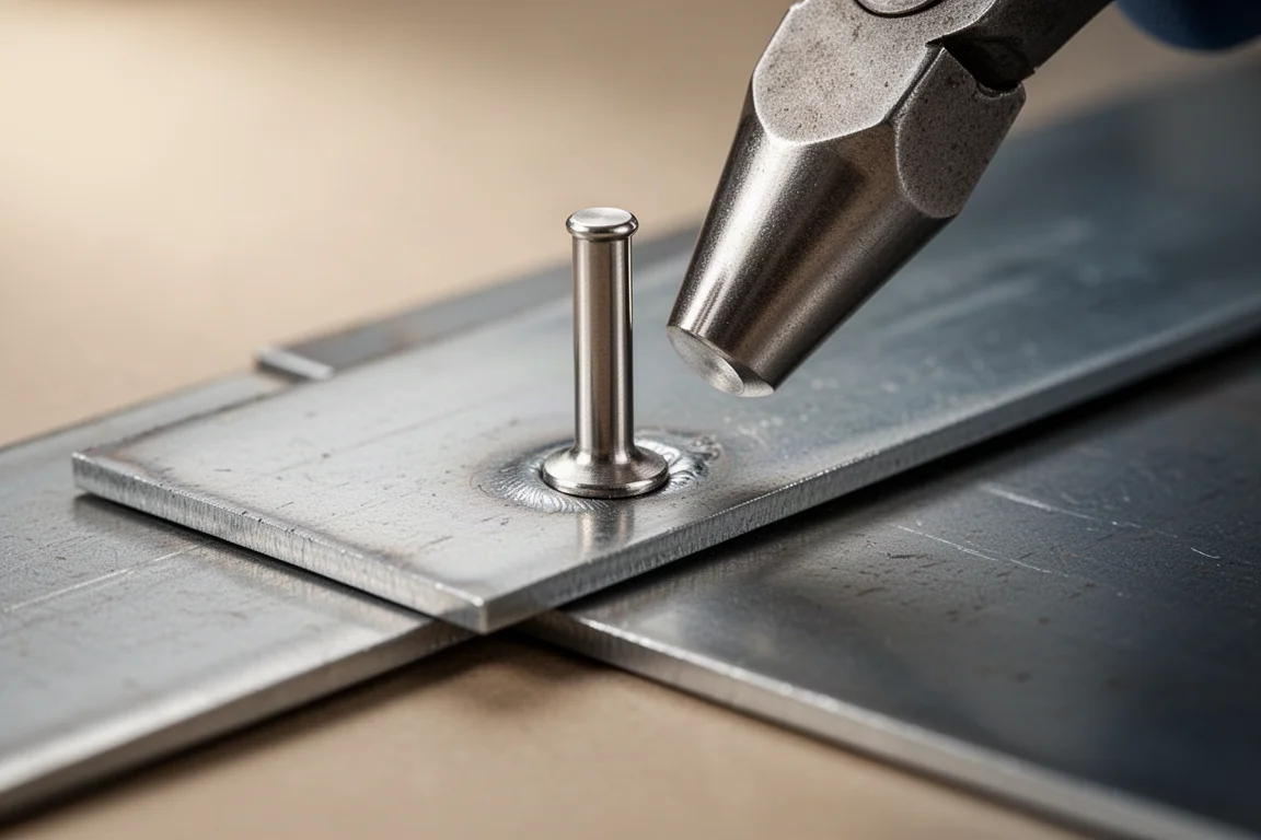 Stainless steel rivet being pulled through sheet metal