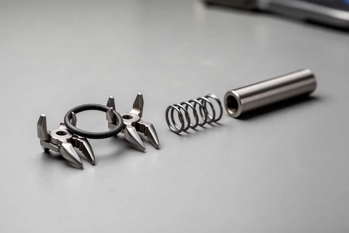 Disassembled rivet tool head showing jaws and spring on a bench