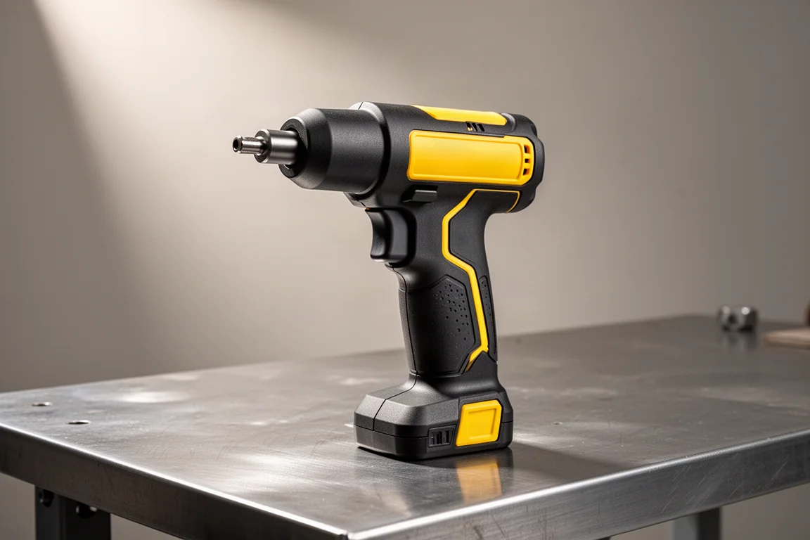 Compact cordless rivet tool standing on a brushed steel workbench