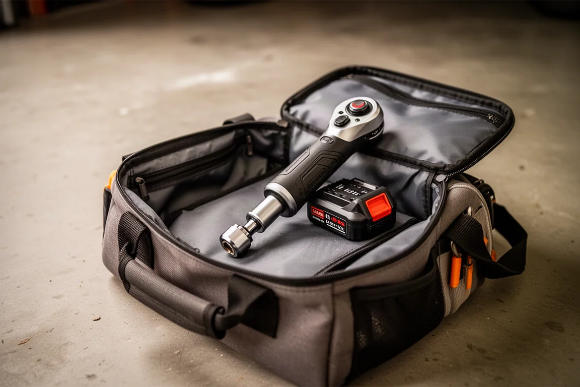 Clé à cliquet sans fil et batterie rangées dans un sac à outils ouvert