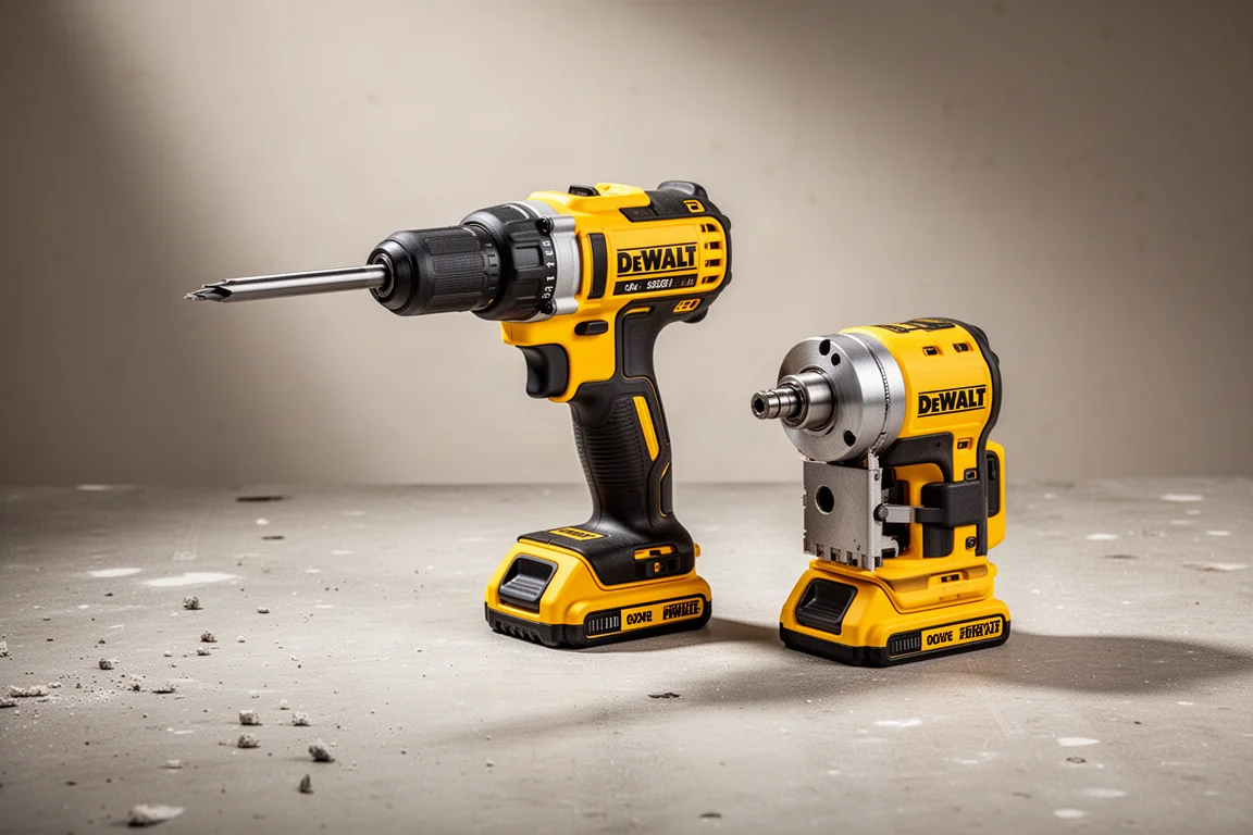 DeWalt DCF630 Trockenbau-Schraubgerät und DCE55 Ausschneidwerkzeug auf einer Betonoberfläche