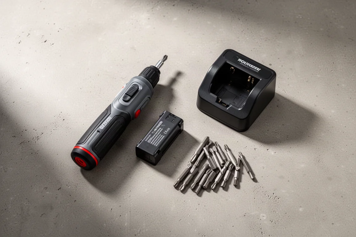 Batteridriven skruvdragare och dess tillbehör utlagda platt på en betongyta